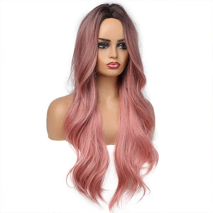 New Products Sell Well In Europe And America Women'S Fashion Lotus Root Pink Color Gradual Change Long Curly Hair High Temperature Silk Head Cover